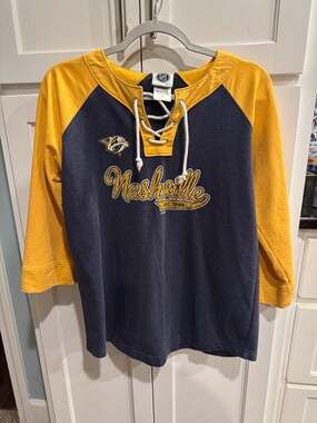 Women’s Nashville Predators Navy and Gold Lace-Up 3/4 Sleeve Jersey Shirt